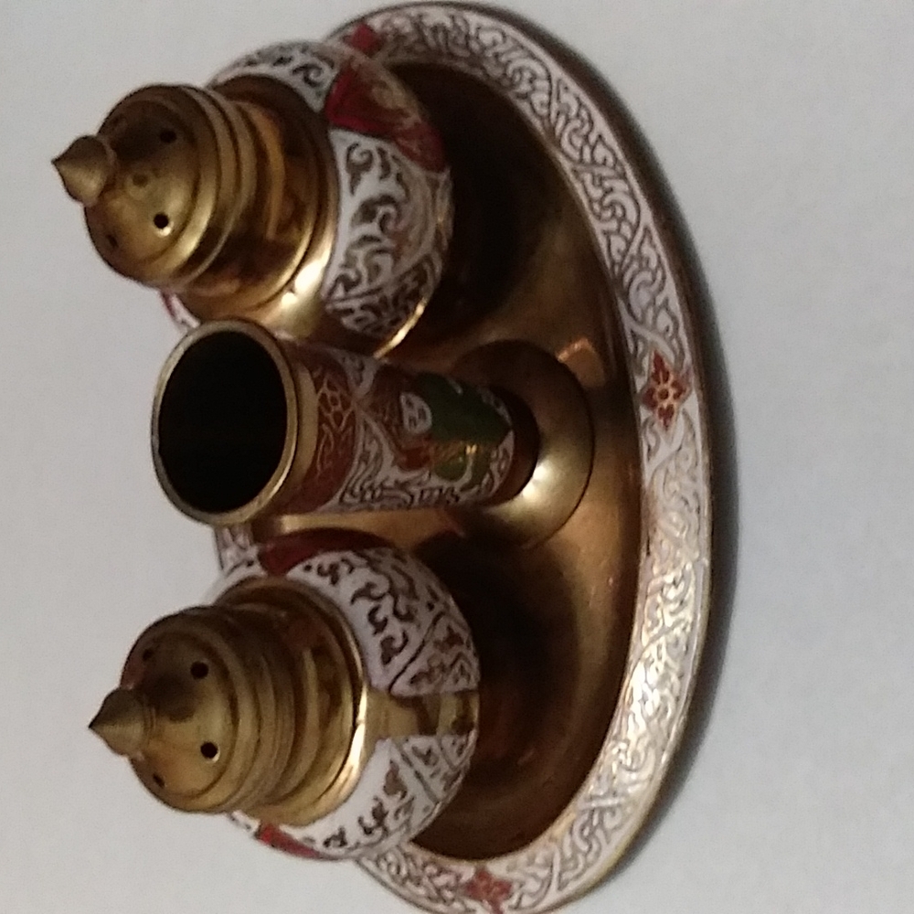 Vintage Enameled Brass Salt & Pepper Shakers w/ Toothpick Holder & Small Trail